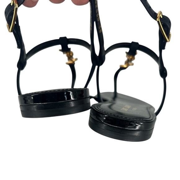 Saint Laurent Cassandra Navy Satin YSL Flat Logo Thong Sandals - Picture 12 of 15